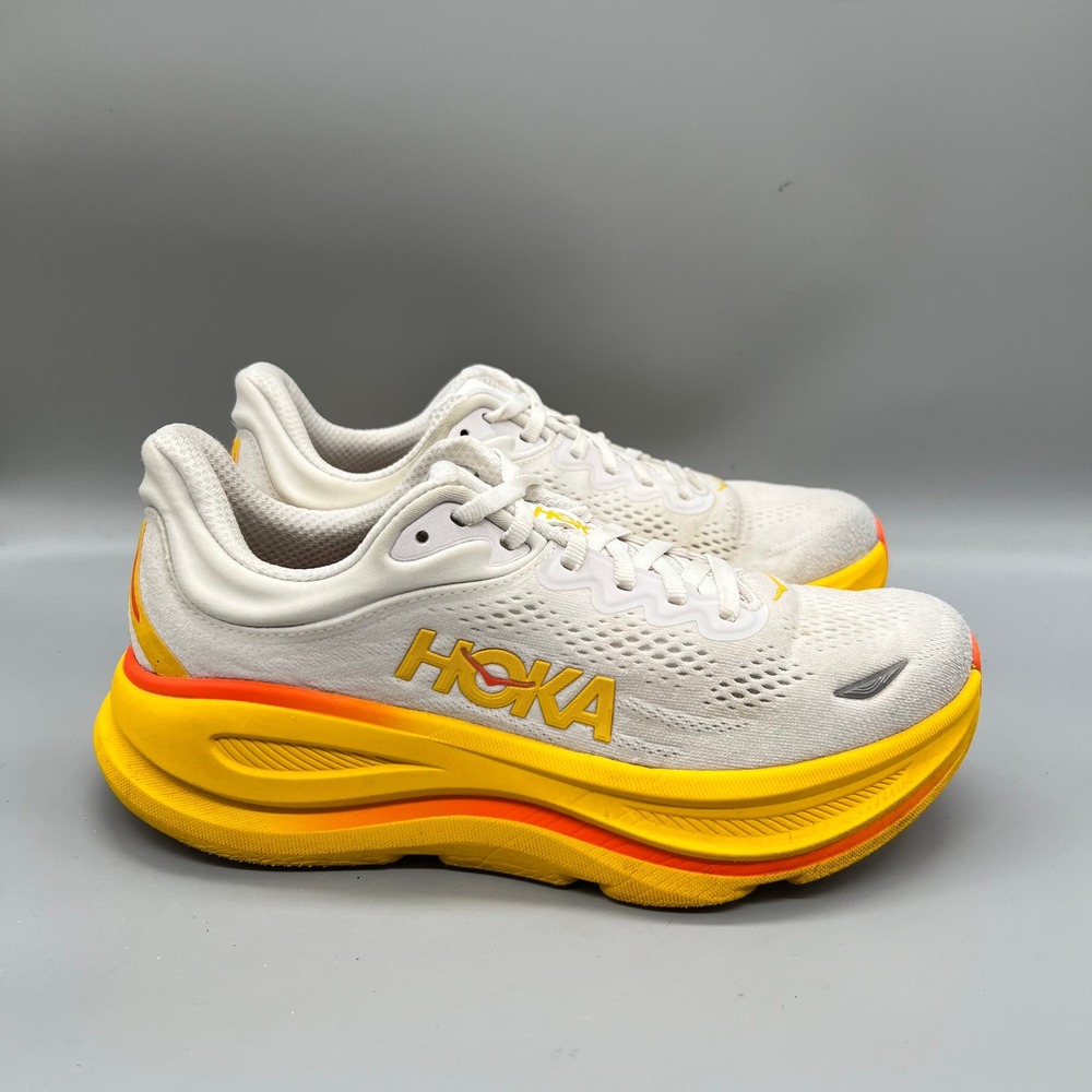 Hoka One One Shoes Women 7.5 White Yellow Mesh Bondi 9 Running Athletic Sneakers